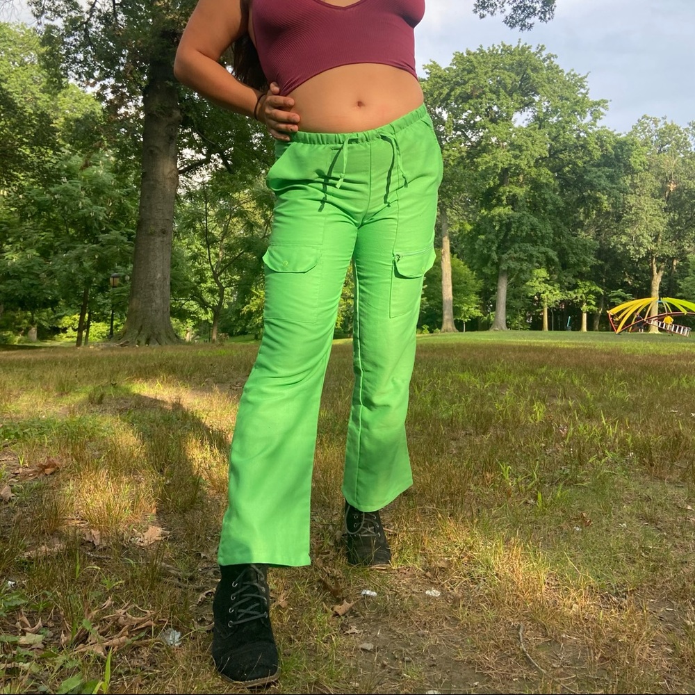 Bright Lime Green cargo style flare bottom pants